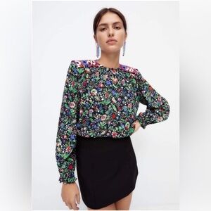 Zara Woman Shoulder Pad Patchwork Floral Print Top Blouse